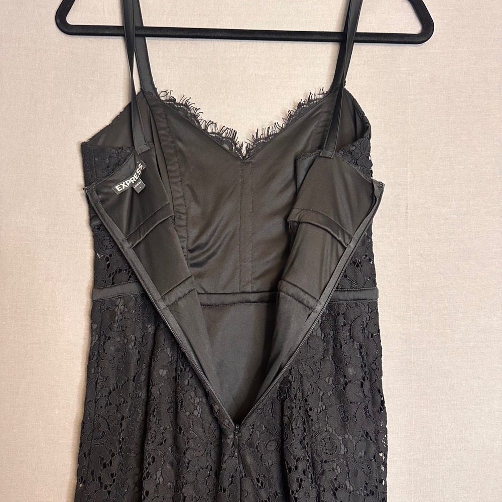 Express Black Lace Sheath Dress 4 Eyelash Trim Cocktail Party Midi Sleeveless - Picture 7 of 7